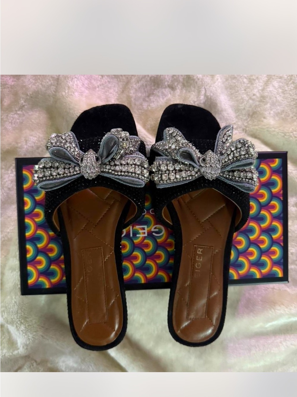 Kurt Geiger Black Crystal Bow Slide Sandals